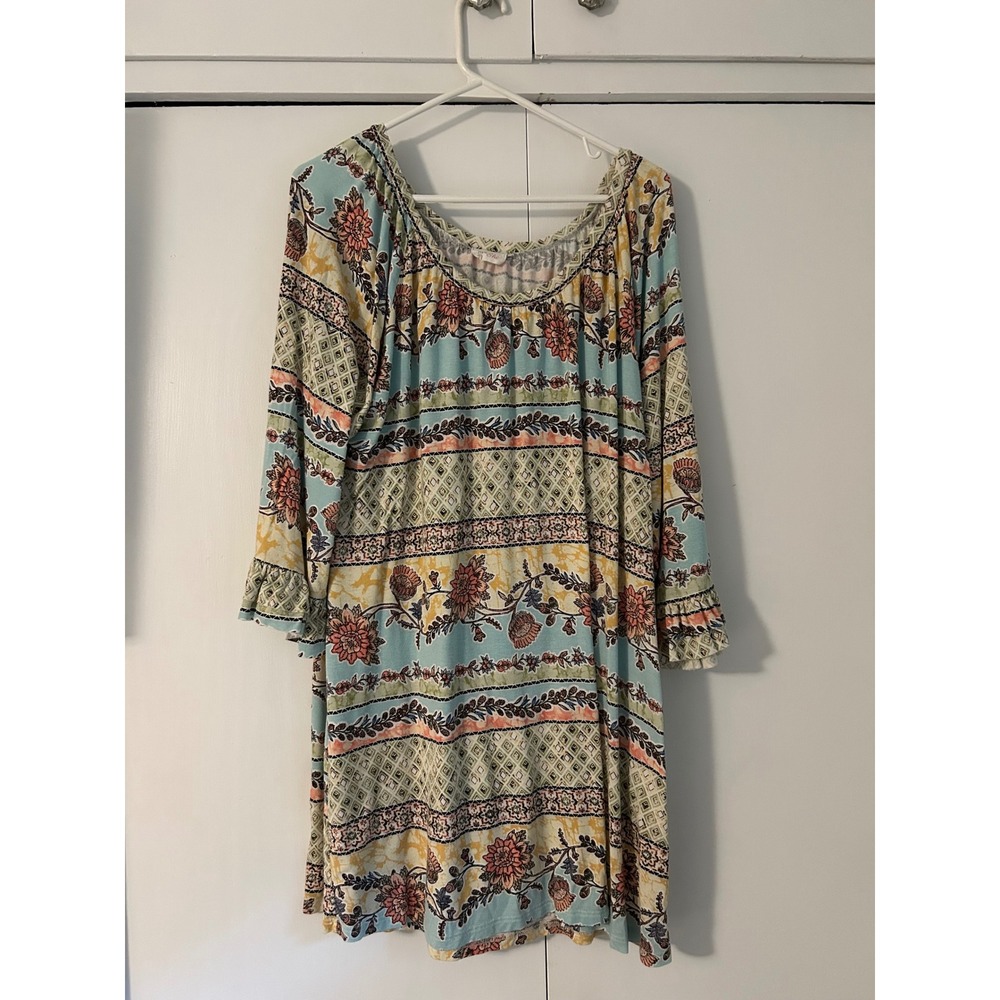 Her She Women 3XL Boho Floral Geometric Patchwork Ruffle Sleeve Mini Dress Multi